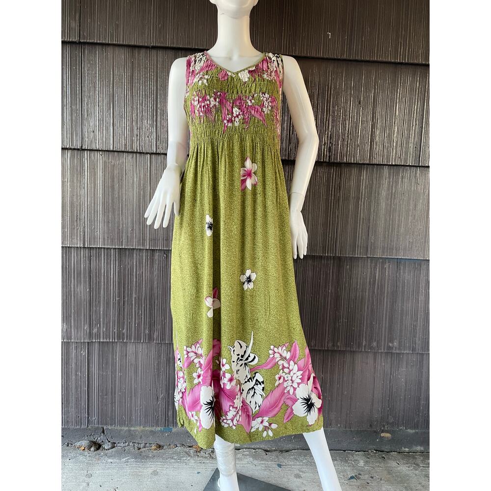 🔥Unity trading Hawaii Hibiscus Tropical Smock Midi Dress Beach Resort  Boho OS